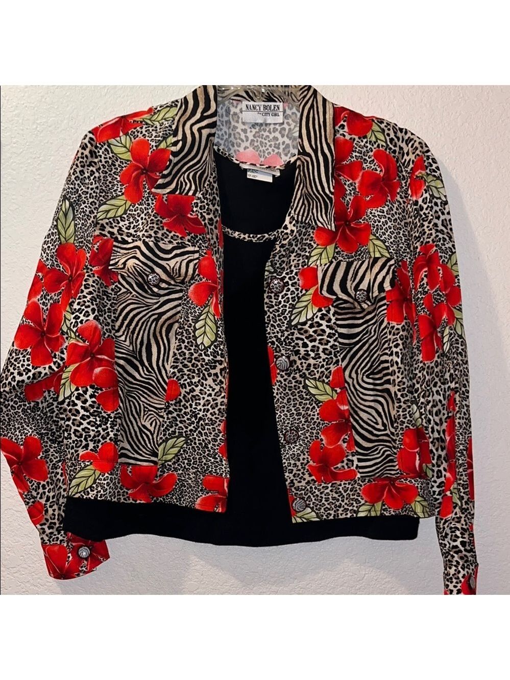 Vintage SET Red Floral Jacket Zebra Animal print cheetah Cottagecore 90s